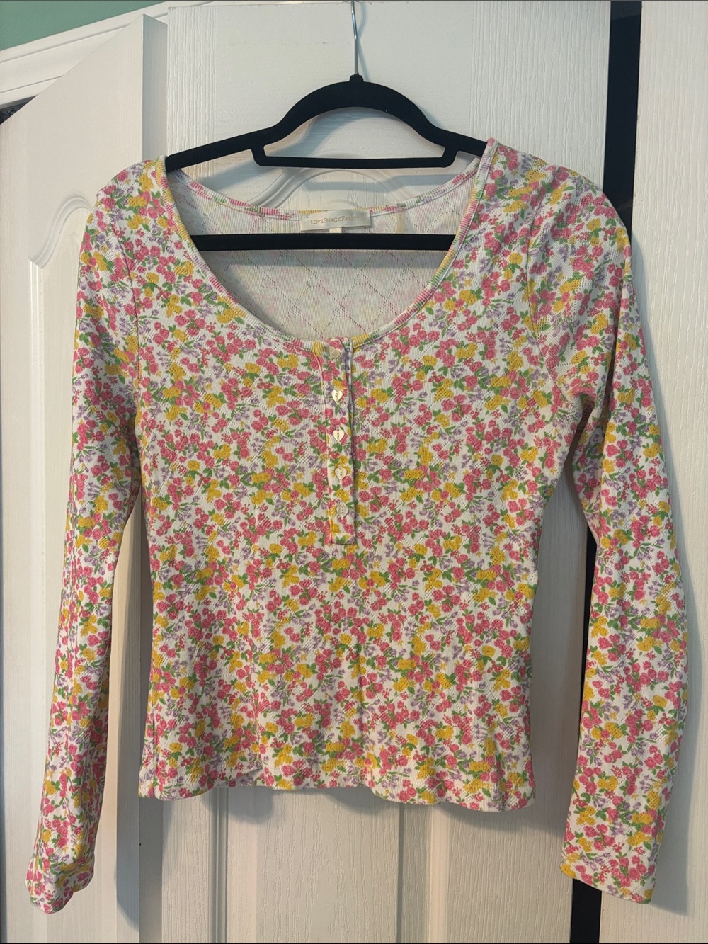 LoveShackFancy Pink Floral Scoop-Neck Long Sleeve Top